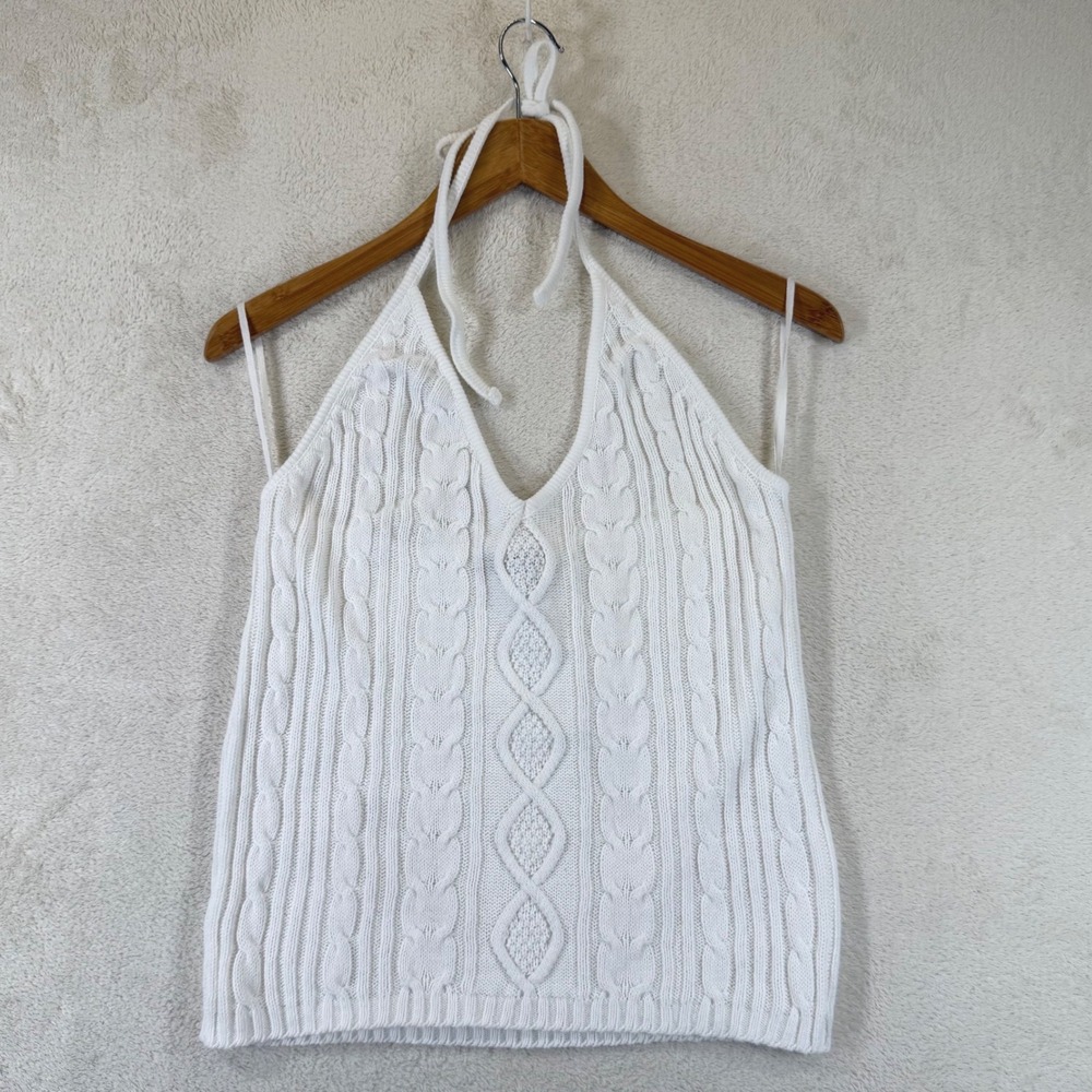 American Attitudes Y2K Cable Knit Halter Top L White Cotton Made USA Open Back